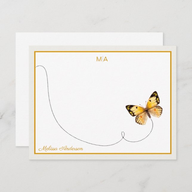 Yellow Orange Dot Butterfly Flight Monogram & Name Card (Front/Back)