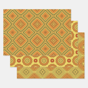 Yellow Orange Ethnic Boho Geometric Patterns Wrapping Paper Sheet