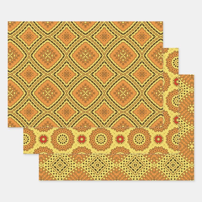 Yellow Orange Ethnic Boho Geometric Patterns Wrapping Paper Sheet (Set)