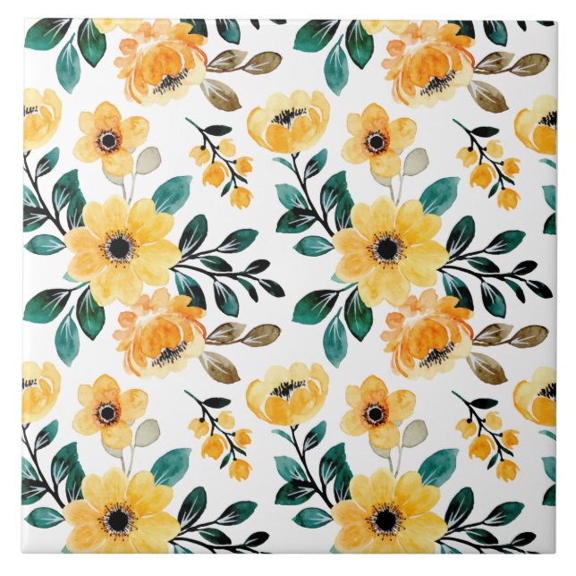 Yellow orange floral daisy pattern garden flowers ceramic tile (Front)