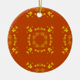 Yellow, Orange Floral Damasks Retro Pattern Ceramic Ornament