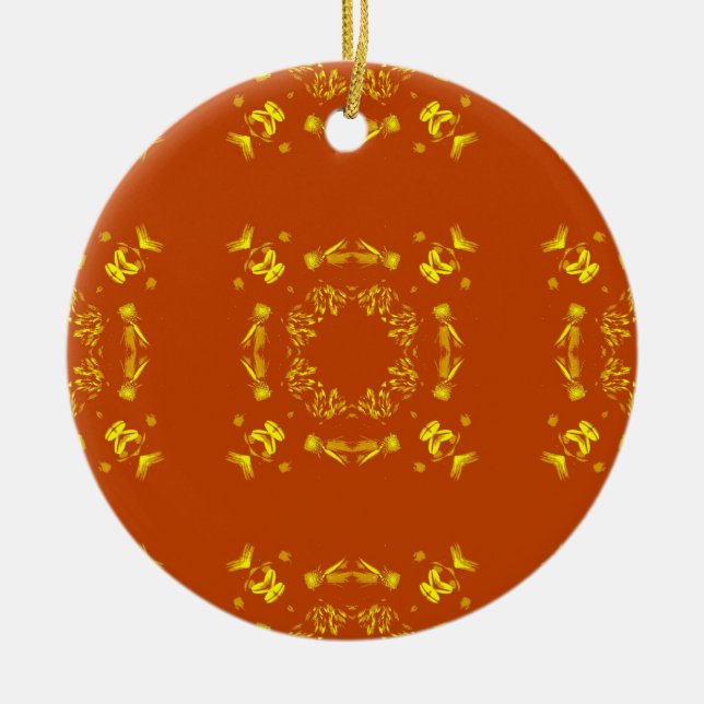 Yellow, Orange Floral Damasks Retro Pattern Ceramic Ornament (Front)