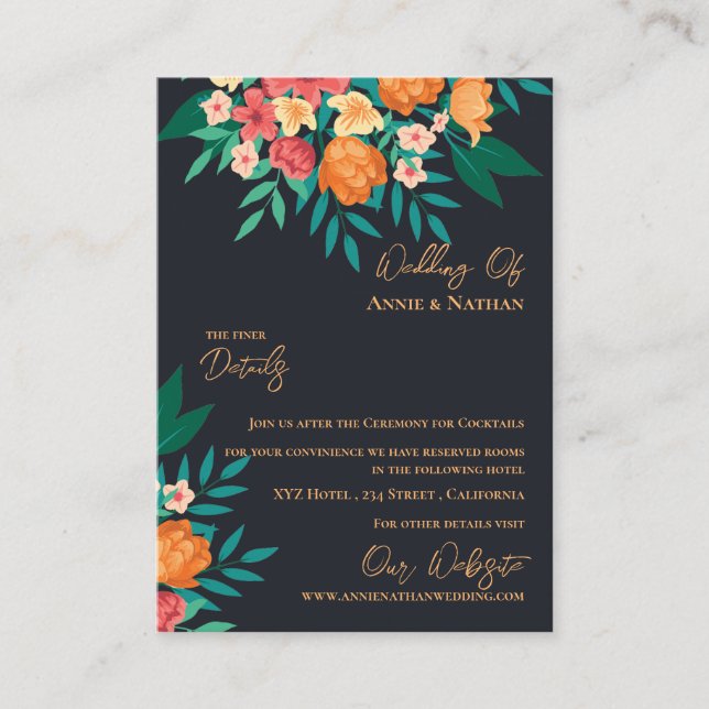 Yellow Orange Florals Chic Wedding Details Enclosure Card (Front)