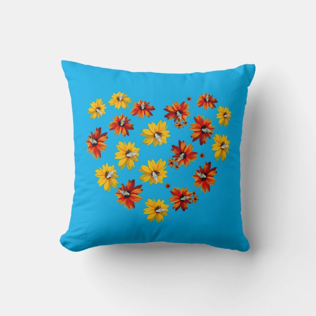 Yellow Orange Flower Heart with Butterfly on Azure Cushion (Front)