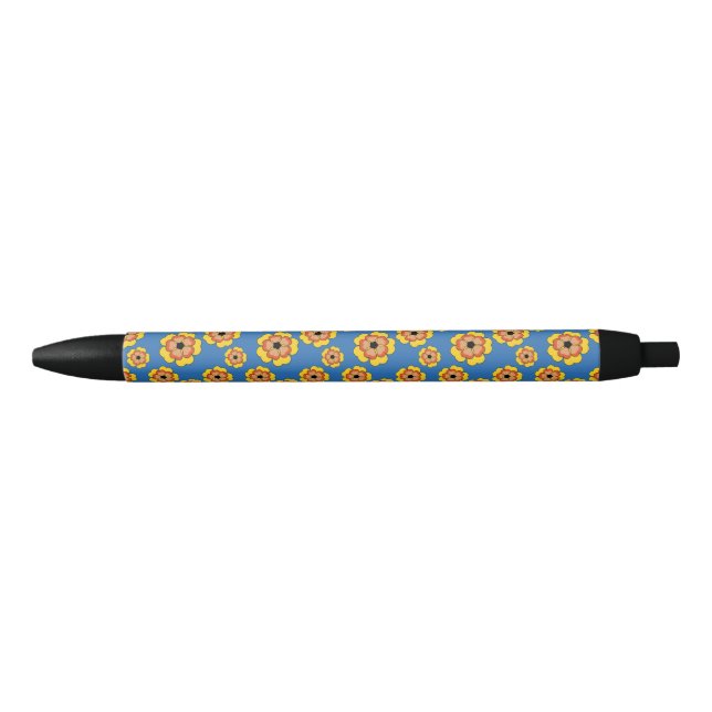 Yellow Orange Flowers Pattern Black Ink Pen (Front)