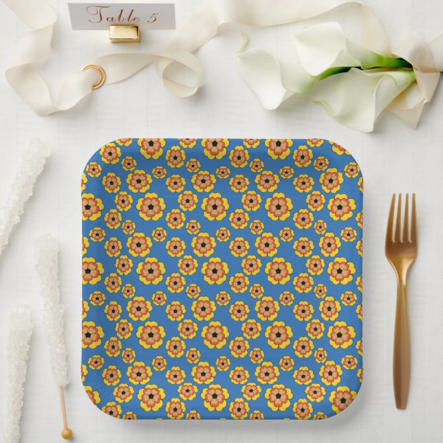 Yellow Orange Flowers Pattern Paper Plate (Wedding)
