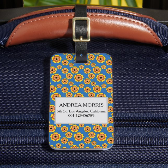 Yellow Orange Flowers Pattern Personalise Luggage Tag (Front Insitu 2)