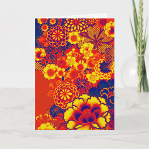 YELLOW ORANGE FLOWERS Peony,Roses Japanese Floral Holiday Card