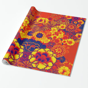 YELLOW ORANGE FLOWERS Peony,Roses Japanese Floral Wrapping Paper