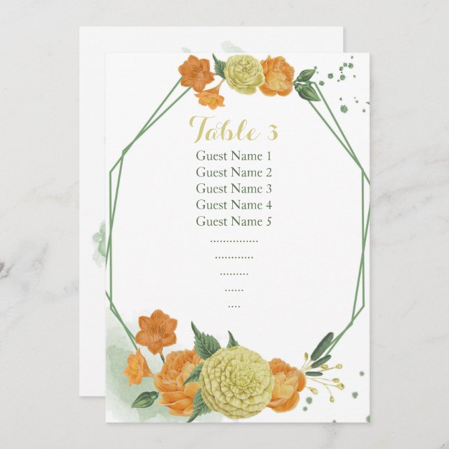 yellow orange flowers seating chart table number (Front/Back)