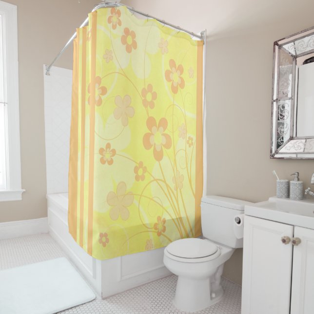 Yellow Orange Flowers Simple Summer Retro Floral Shower Curtain (In Situ)