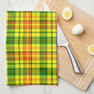 Yellow Orange Green Plaid Tartan Design Tea Towel