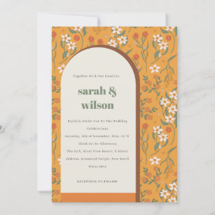 Yellow Orange Groovy Retro Arch Floral Wedding Invitation
