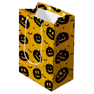 Yellow Orange Halloween Black Pumpkin Bats Pattern Medium Gift Bag