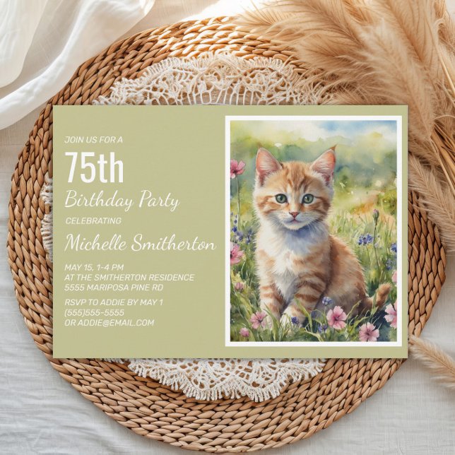 Yellow Orange Kitten Cat Lover 75th Birthday Invitation (Cat 75th birthday party invitation)