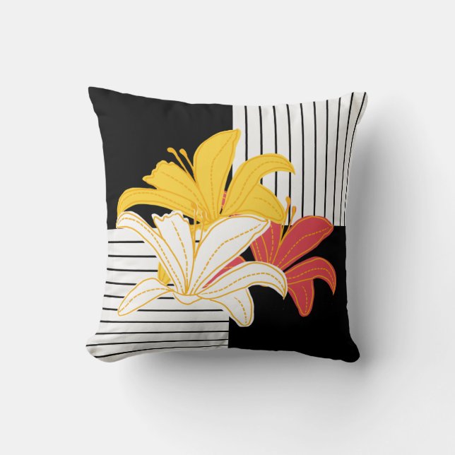 Yellow Orange Lilies on Black White Stripes Throw  Cushion (Front)