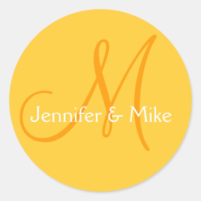 Yellow Orange Monogram Names Wedding Sticker (Front)