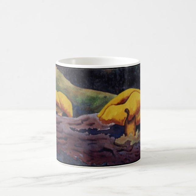 Yellow orange mushrooms on a deep woods log coffee mug (Center)