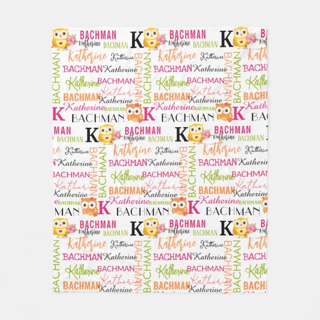 Yellow Orange Owls with Name and Monogram Collage Fleece Blanket (Front)