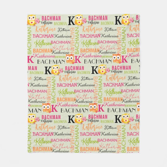 Yellow Orange Owls with Name and Monogram Collage  Fleece Blanket (Front)