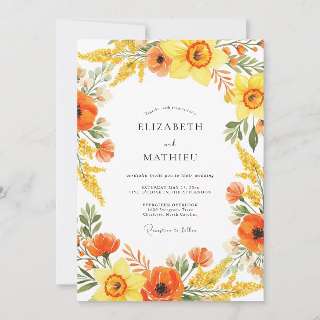 Yellow Orange Painterly Flourish Wedding Invitation (Front)