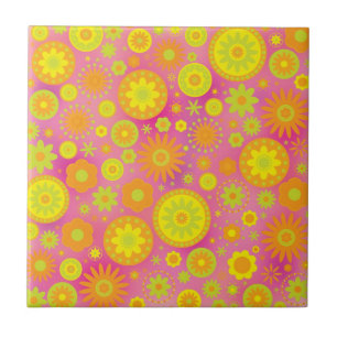 Yellow Orange & Pink Hippy Flower Pattern Ceramic Tile