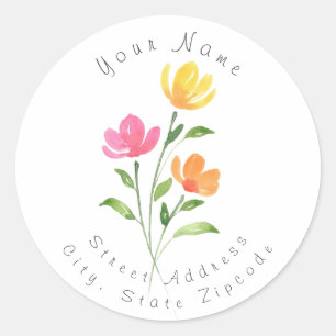 Yellow Orange Pink Watercolor Floral Stems Label