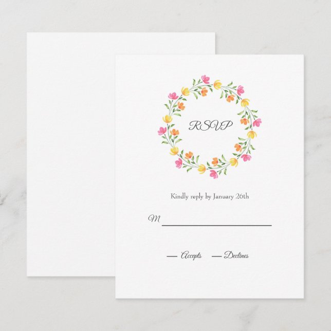 Yellow, Orange, Pink Watercolor Floral Wreath   RSVP Card (Front/Back)