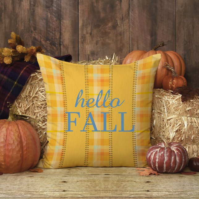 Yellow Orange Plaid Gingham Family Name Hello Fall Cushion (Creator Uploaded)