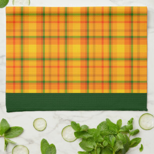 Yellow Orange Plaid Pattern Green Borders Tea Towel