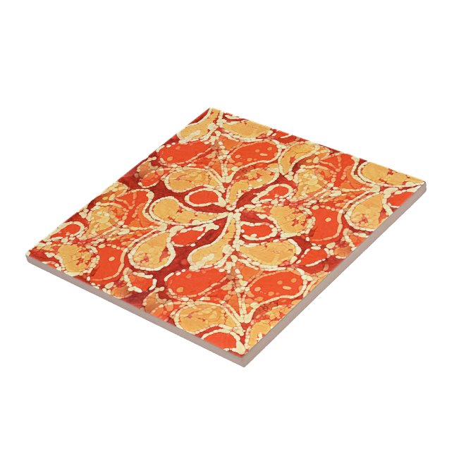Yellow Orange Red Bali Batik Style Paisley Pattern Ceramic Tile (Side)