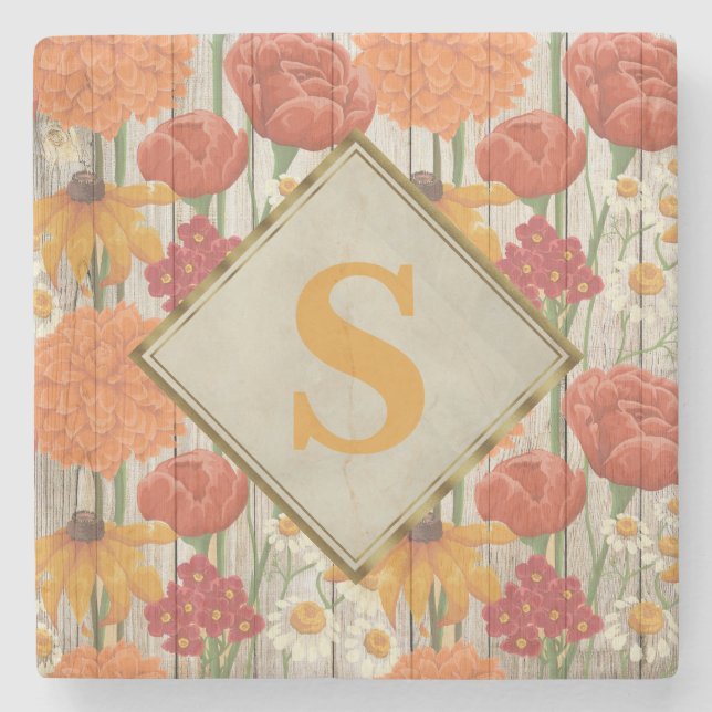 Yellow Orange Red Floral White Daisies Monogram Stone Coaster (Front)