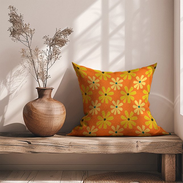 Yellow Orange Retro 70s Daisies Pattern Cushion (Creator Uploaded)