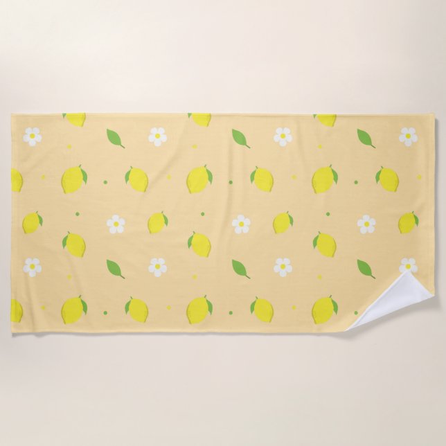 Yellow Orange Seamless Pattern with White Flowers  Beach Towel (Front)
