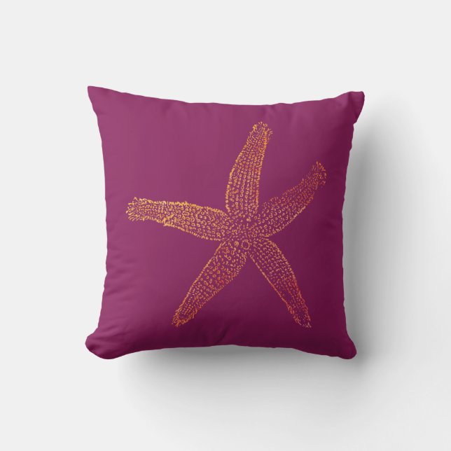 Yellow Orange Starfish Pink Wine Red Coastal Beach Cushion (Front)