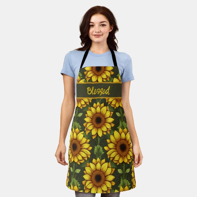 Yellow Orange Sunflower with Green & Brown Apron (Worn)