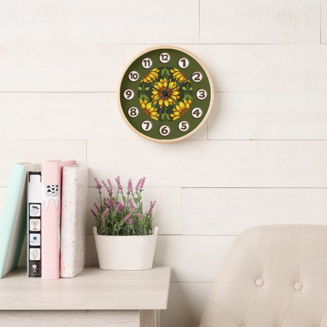 Yellow Orange Sunflower with Green & Brown Clock (Reading Room)