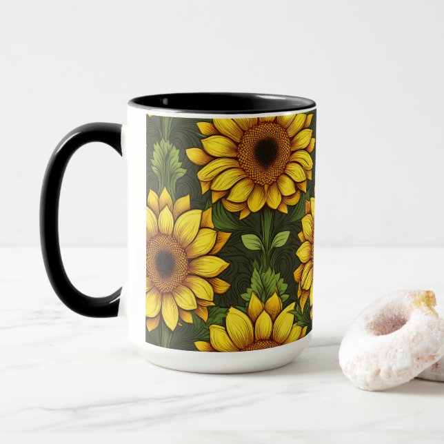 Yellow Orange Sunflower with Green & Brown Mug (With Donut)