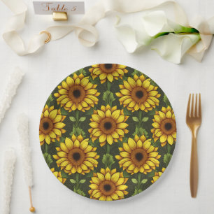 Yellow Orange Sunflower with Green & Brown Paper Plate