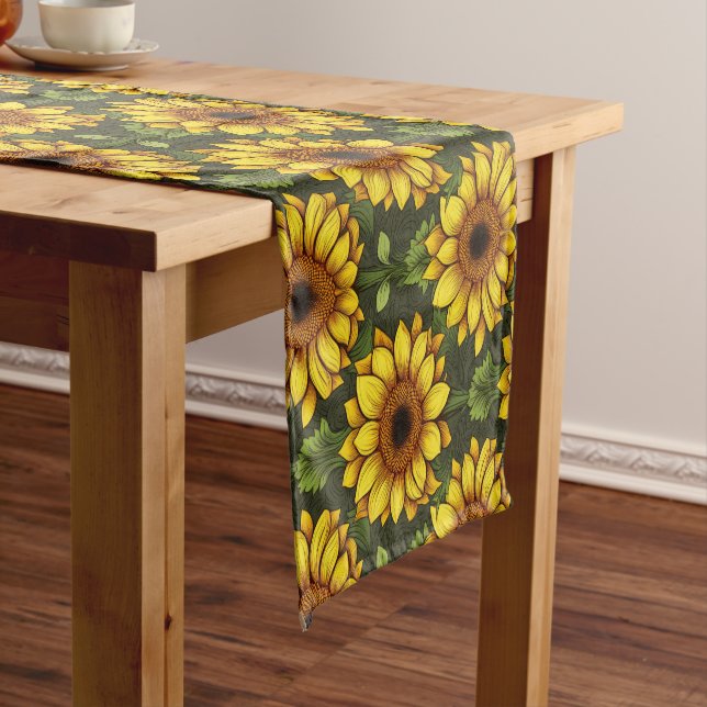 Yellow Orange Sunflower with Green & Brown Short Table Runner (In Situ)