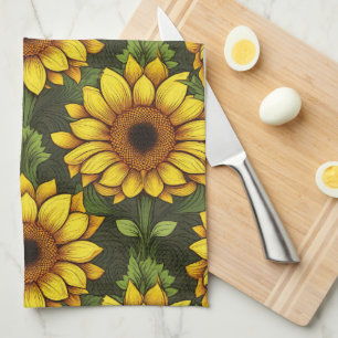 Yellow Orange Sunflower with Green & Brown Tea Towel