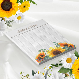 Yellow Orange Sunflowers White Rustic Wood Name Notepad