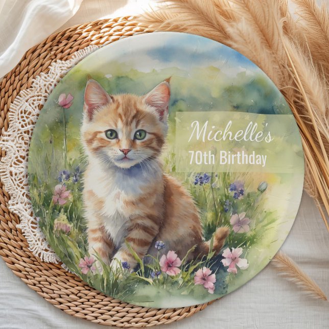 Yellow Orange Tabby Kitten Cat  70th Birthday Paper Plate (Cat 70th birthday party paper plate)