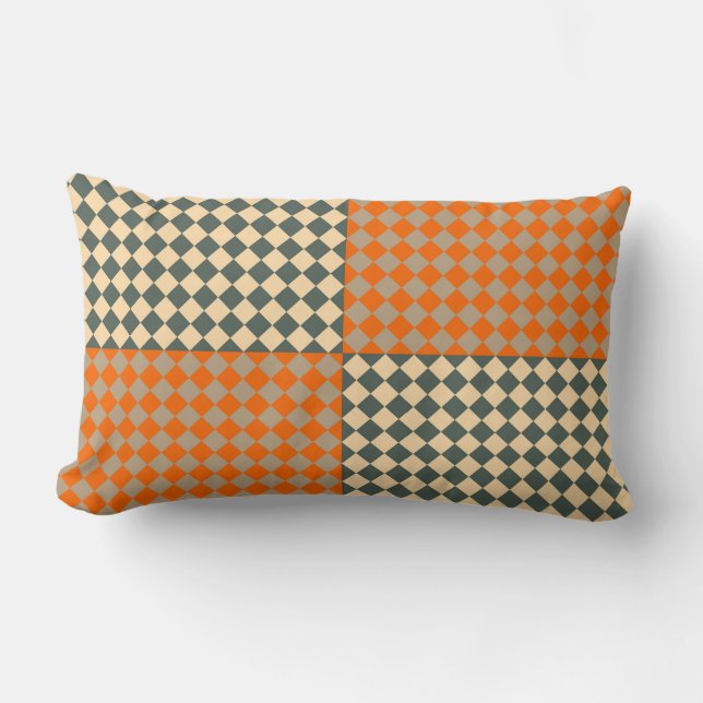 Yellow Orange Taupe Chequered Diamond Pattern Lumbar Cushion (Front)