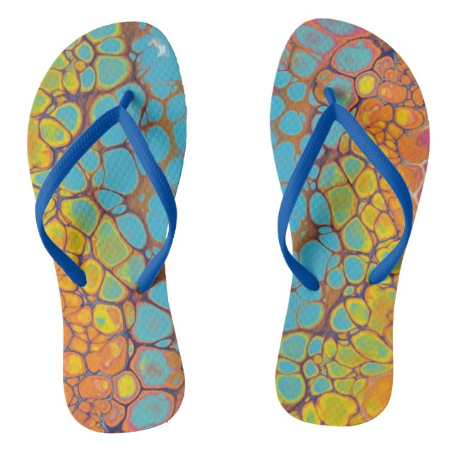 Yellow Orange Teal Morning Glory Paint Flip Flops (Footbed)