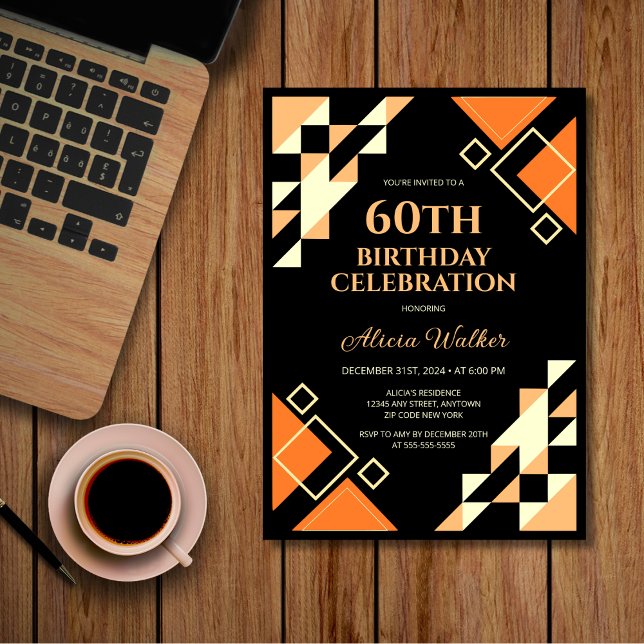 Yellow Orange Triangle Geometric Black Birthday  Invitation (Creator Uploaded)