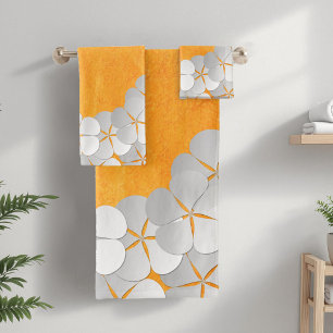 Yellow-Orange Watercolor and White Flowers Bath Towel Set