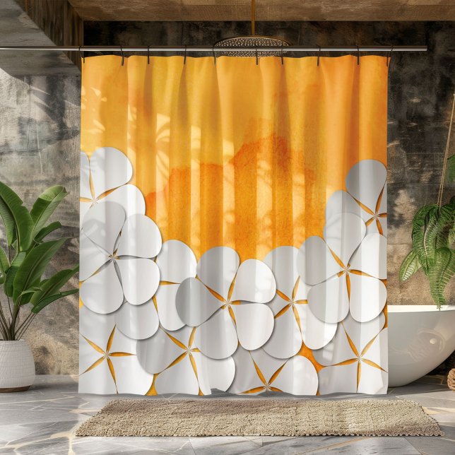Yellow-Orange Watercolor and White Flowers Shower Curtain (Creator Uploaded)