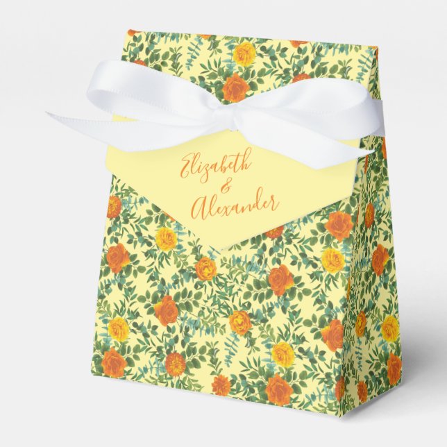 Yellow Orange Wedding Floral Roses Favour Box (Front Side)