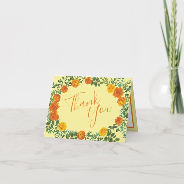 Yellow Orange Wedding Floral Roses Thank You Card (Front)